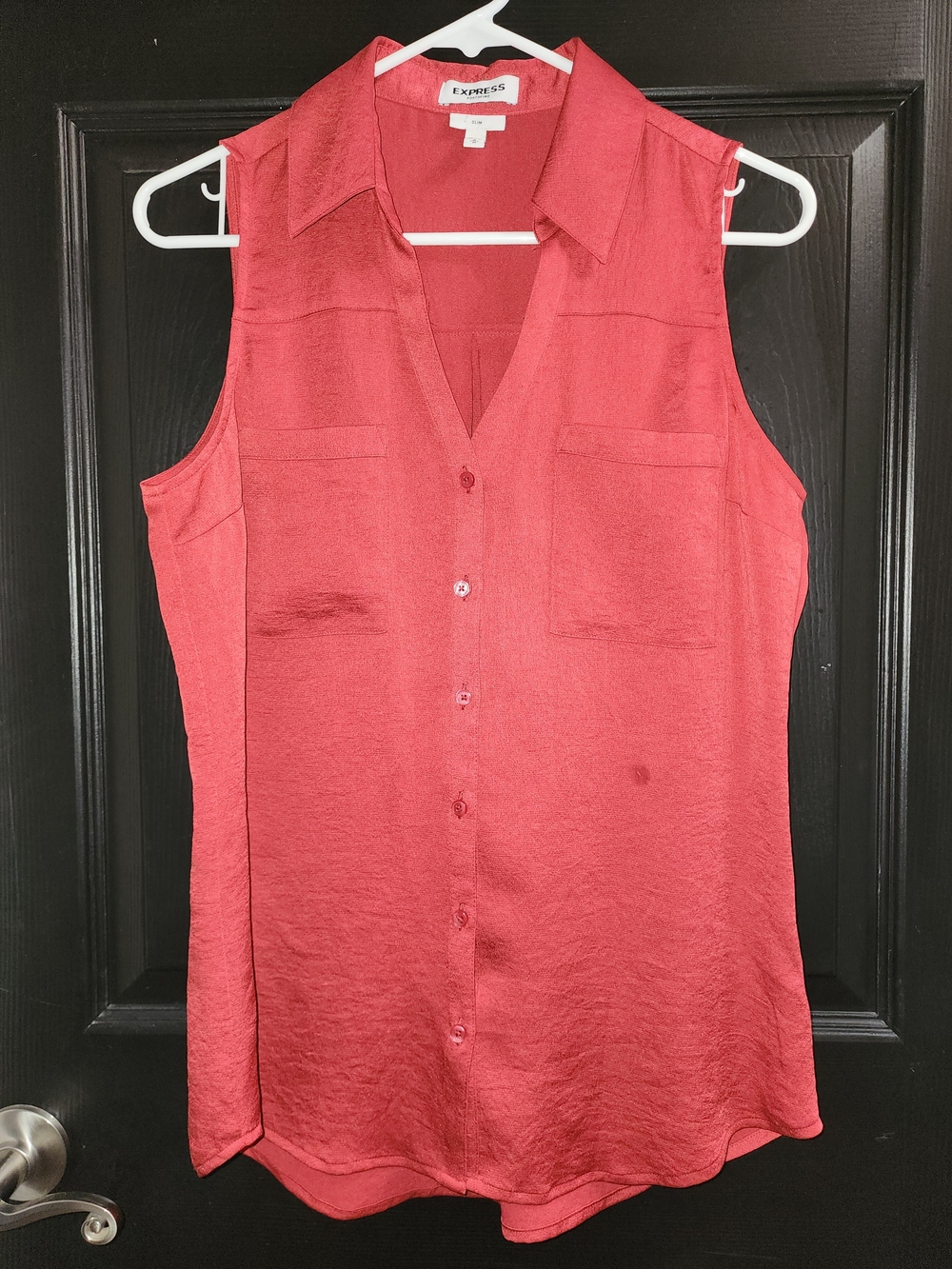 Express Sleeveless Button-Down Top in Rust Red